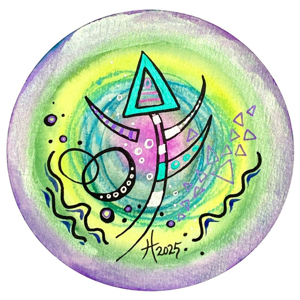 Art Original This Way Watercolor Mix Media Painting Round Artwork 6.4in Diameter